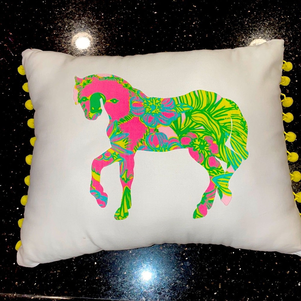 White Decorative Pillow with Pink & Green Horse Motif